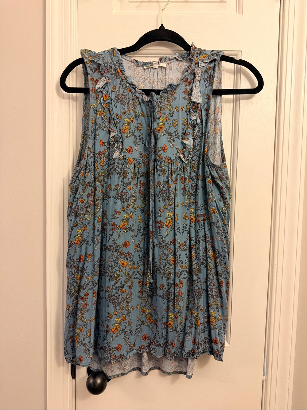 Pleione Light Blue Floral Ruffle Tie-Front Camisole